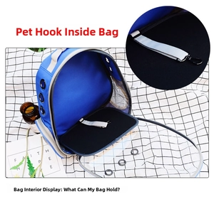 Detail of the internal security hook and padded base inside the blue pet carrier bag