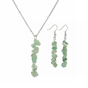 Natural green stone jewelry set including tassel necklace and earrings with silver chain
