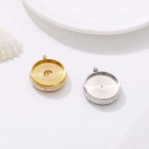Polished gold and silver round pendant trays with sparkling crystals for DIY jewelry making