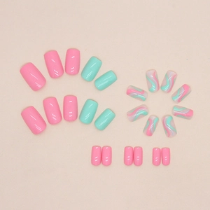 Glossy pink and mint green wave pattern press-on nails set with varied sizes