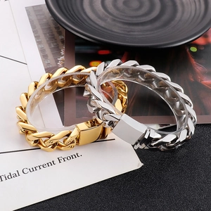 Polished gold and silver stainless steel Cuban chain bracelets with secure square buckles