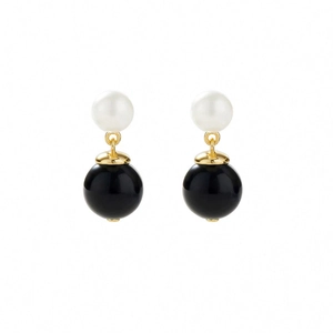 Detailed view of bicolor pearl and chalcedony drop earrings with elegant gold metal linkage