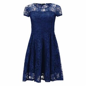 Detailed close-up of dark blue floral lace fabric on a short sleeve evening dress