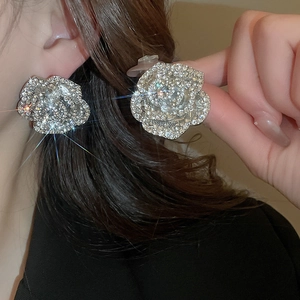 Detail of silver rose earrings with shimmering crystals on model for a luxe look