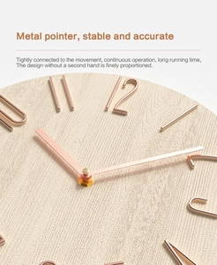 Macro detail of minimalist 12-inch wall clock with rose gold numbers and fabric texture dial