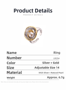 Macro detail of S925 silver ring with natural pearl and gold accents in sunburst design