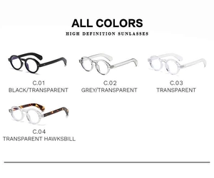 Detailed view of round frame sunglasses in four colors: black, grey, clear, and tortoiseshell