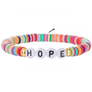 Detailed view of HOPE letter beads on colorful 6mm clay stretch friendship bracelet