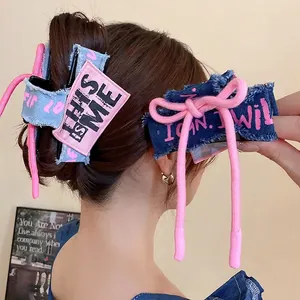 Denim Fabric Plastic Hair Claw Clip Bow Tie Letter Print Sweet Y2K Street Style Trendy Hair Accessories For Women