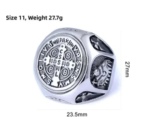 Detailed view of religious Saint Benedict Medal ring with size and weight measurements