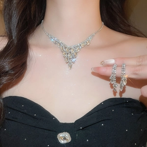 Close-up of sparkling rhinestone tassel necklace and earrings set worn by a model