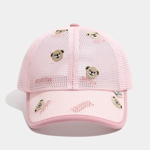 Detail of breathable pink mesh baseball cap with cute embroidered bears and stitching