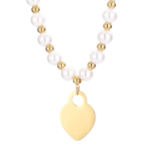 Schicke Titanstahl-Halskette mit Herzanhänger und Muschelperlen in Gold-Optik