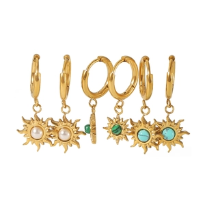 Boucles d'oreilles soleil vintage en acier inoxydable doré 18K avec perle et malachite
