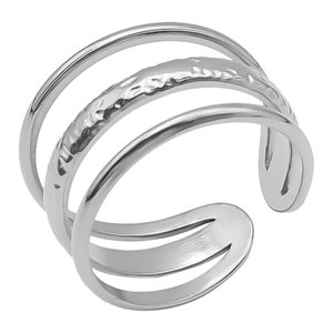 Detailed macro view of triple-layered silver steel ring with adjustable hammer texture band