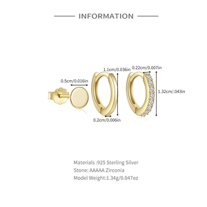 Detailed view of gold 925 silver hoop earrings with 5 AAAAA zircons and measurements