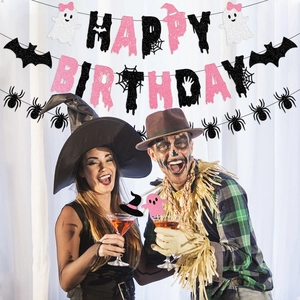 Pink and black glitter Halloween Happy Birthday banner with ghosts and spiders