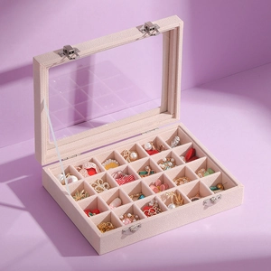Pink velvet large capacity jewelry organizer with glass lid and multiple compartments