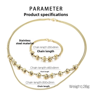 Gold stainless steel jewelry set dimensions including thick chain bracelet and layered necklaces