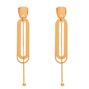 Golden double-layer geometric oval drop earrings with minimalist metal chain and bar pendant