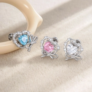 Heart Shape Zircon Bowknot Flat Back Earring Stainless Steel Piercing Jewelry For Women Fashion Cartilage Stud Gift