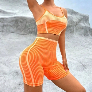 Completo da Yoga da Donna a Costine a Strisce Top And Bottom Abbigliamento Sportivo Nylon Spandex Pantaloncini a Vita Alta Fitness