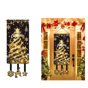 Golden Christmas tree door banner with Merry Christmas text and festive star pendants