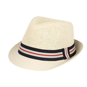Classic men's beige straw fedora sun hat with striped ribbon for summer beach vacations