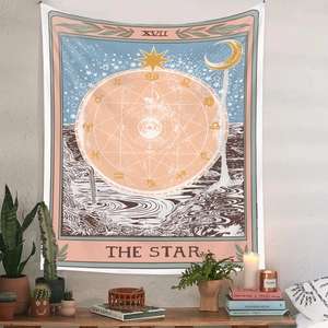 Detail of The Star Tarot tapestry featuring zodiac alchemy symbols and crescent moon design