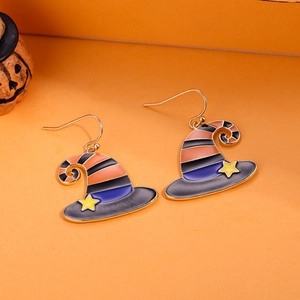 Detail of wizard hat Halloween earrings with orange and black stripes and gold star detail