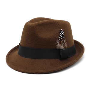 Classic brown wool fedora hat with black ribbon and decorative feather for women