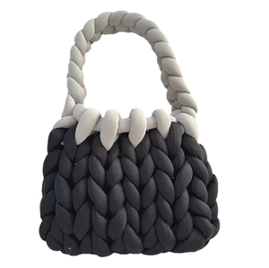 Handmade chunky knit bag in black and grey cotton yarn with soft textured finish