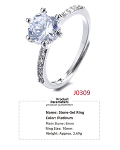 Detailed macro view of 8mm zircon stone ring with six-prong setting and small side stones