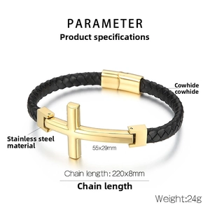 Detail of cross braided leather bracelet showing magnetic clasp and dimensions