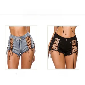 Dettaglio degli shorts in denim a vita alta con stringatura laterale e orlo a frange