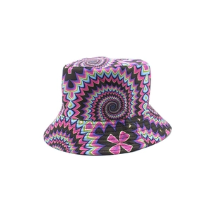 Classic bucket hat with colorful psychedelic spiral tie-dye pattern on white background