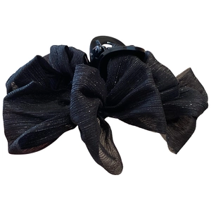 Elegant black mesh bow hair claw clip with silver glitter texture and large hair grip
