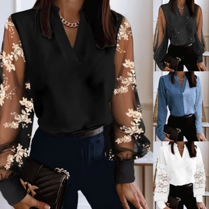Damen Bluse V Ausschnitt Spitze Patchwork Langarm Elegant Netzhemd Stickerei Mode Oberteil