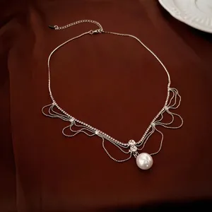 Artificial Pearl Tassel Necklace For Women Alloy Rhinestone Multi Layer Wavy Fringe Elegant Luxury Wedding Party Banquet Jewelry