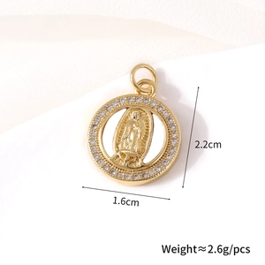 Detailed view of oval gold-plated Guadalupe pendant with white zircons and dimensions