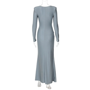 Rear view of slim fit blue-grey long sleeve mermaid evening dress on white background