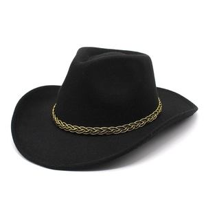 Classic black wool felt western cowboy hat with decorative gold braided band and wide brim