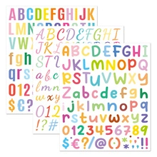Detailed close-up of colorful waterproof vinyl letter and number sticker sheets for DIY crafts