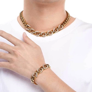 Men wearing 13mm gold plated Cuban chain necklace and bracelet set with sparkling crystals