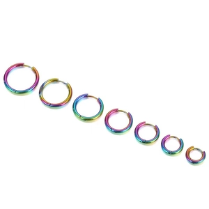 Rainbow stainless steel round hoop earrings in seven sizes for a trendy fashion look