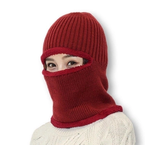 Winter knitted balaclava in wine red with warm fleece lining for cold protection