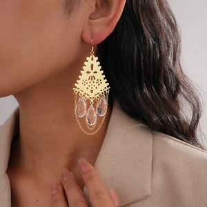 Boucles D'oreilles Bohème En Métal Creux Avec Pendentifs Goutte D'eau En Verre Et Crochet Bijoux Ethniques Vintage Femme