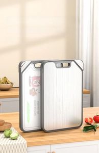 Dual-sided stainless steel and resin cutting board with non-slip edge and handle