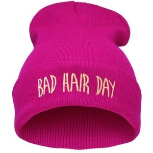 Hot pink knit beanie hat with Bad Hair Day embroidery for warmth and hiphop style