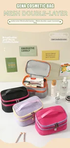 Double-layer mesh toiletry bag with breathable texture and top handle for travel gear
